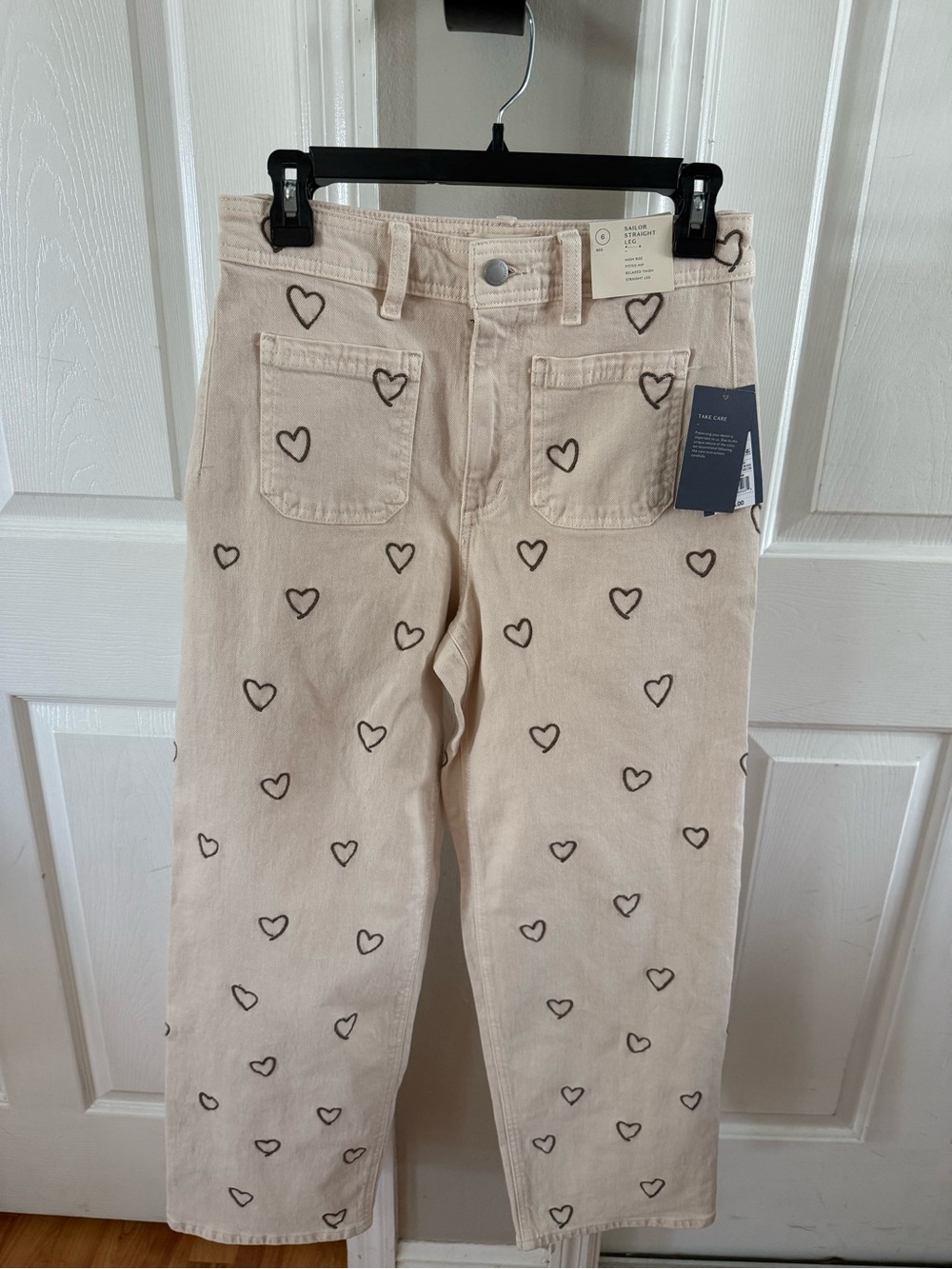 Universal Thread Beige Straight-Leg Pants with Brown Heart Print